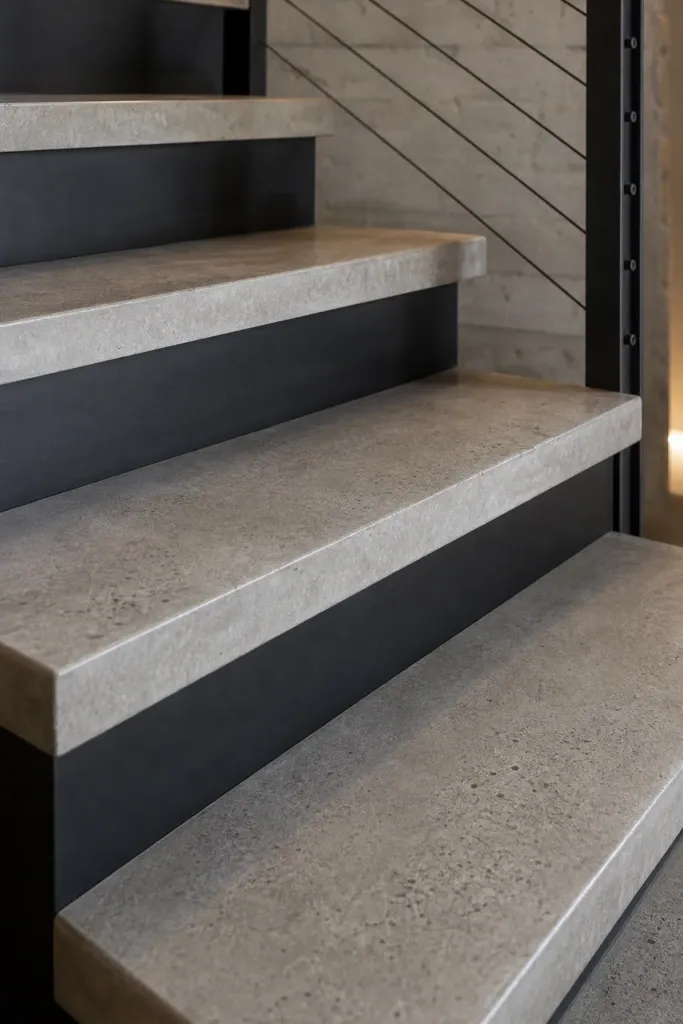 concrete or tile treads for an industrial edge in a basement