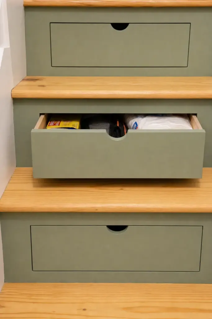 drawers built into the stair risers in a basement