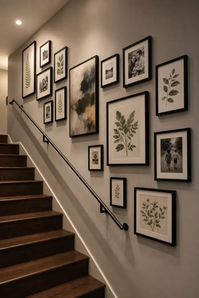 gallery wall along the staircase in a basement