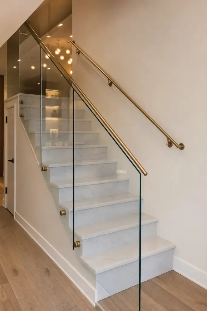 glass panel railing in a basement