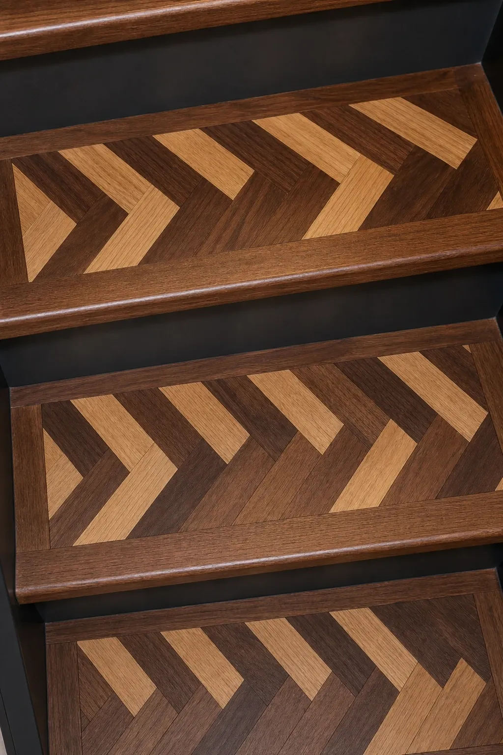 herringbone wood tread inlay in a basement