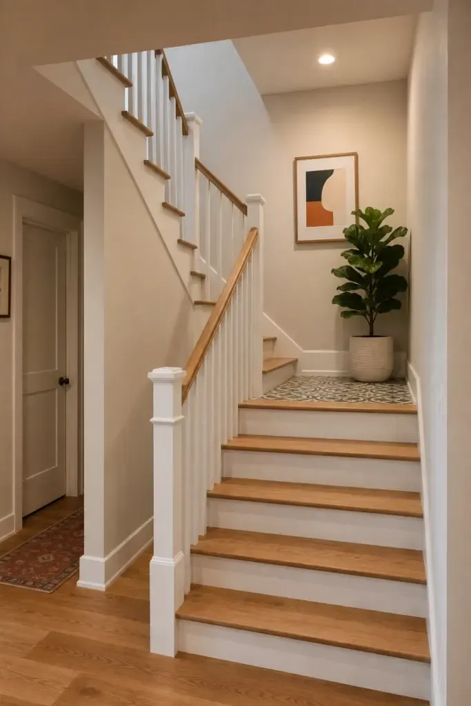 l-shaped staircase with a landing in a basement