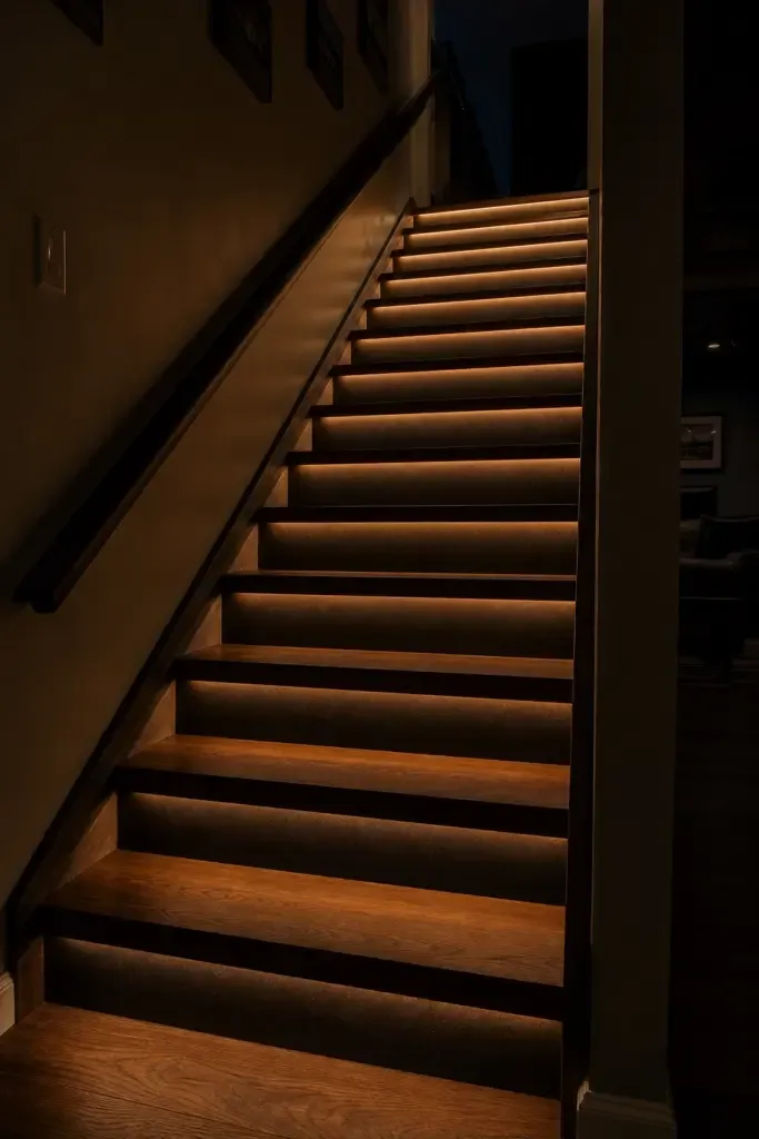 led strip lights under each tread in a basement