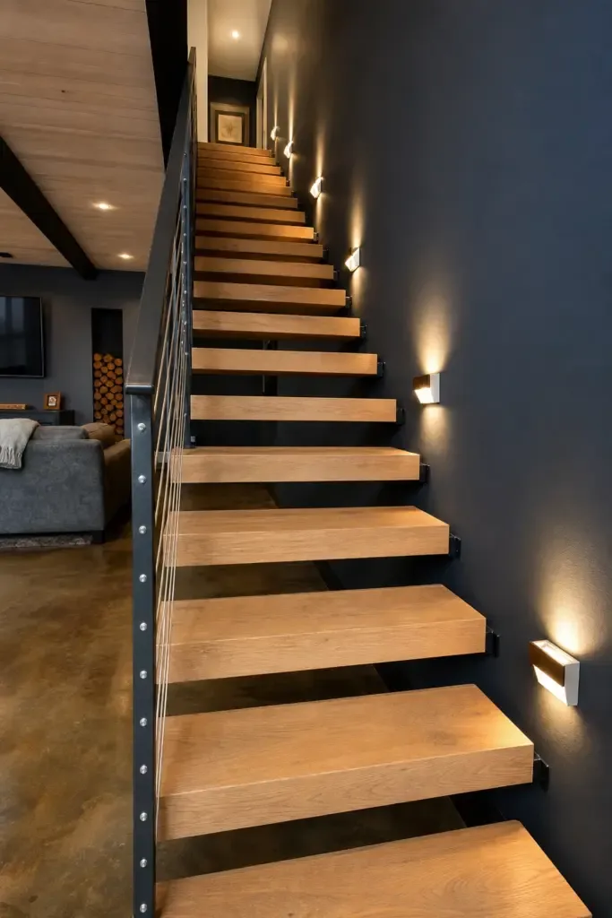 open-riser floating stairs in a basement