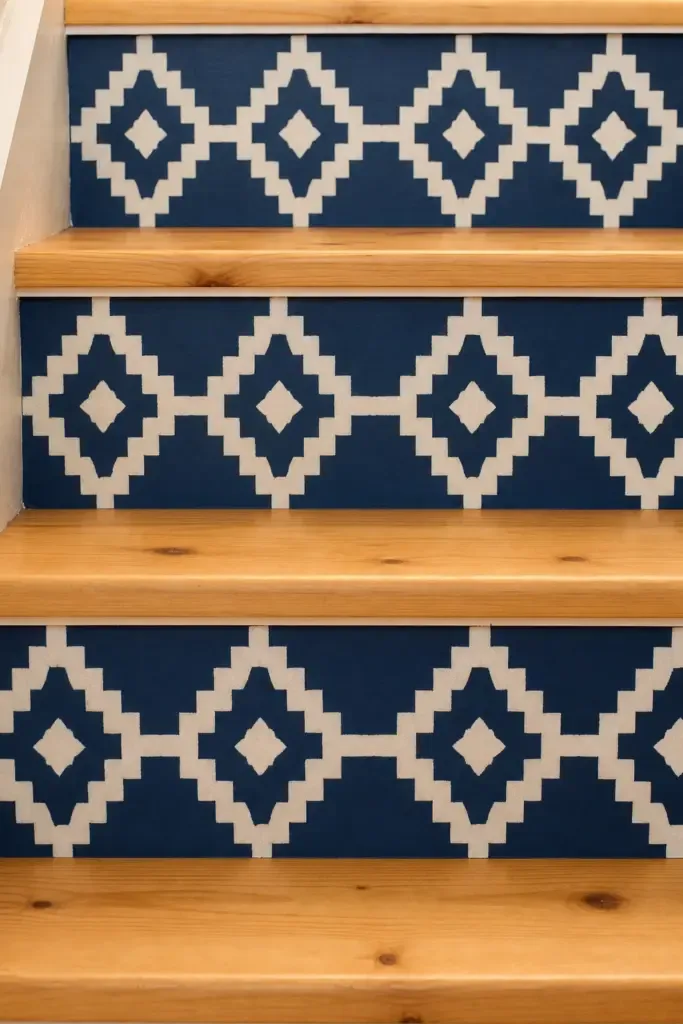 painted risers with a stenciled pattern in a basement