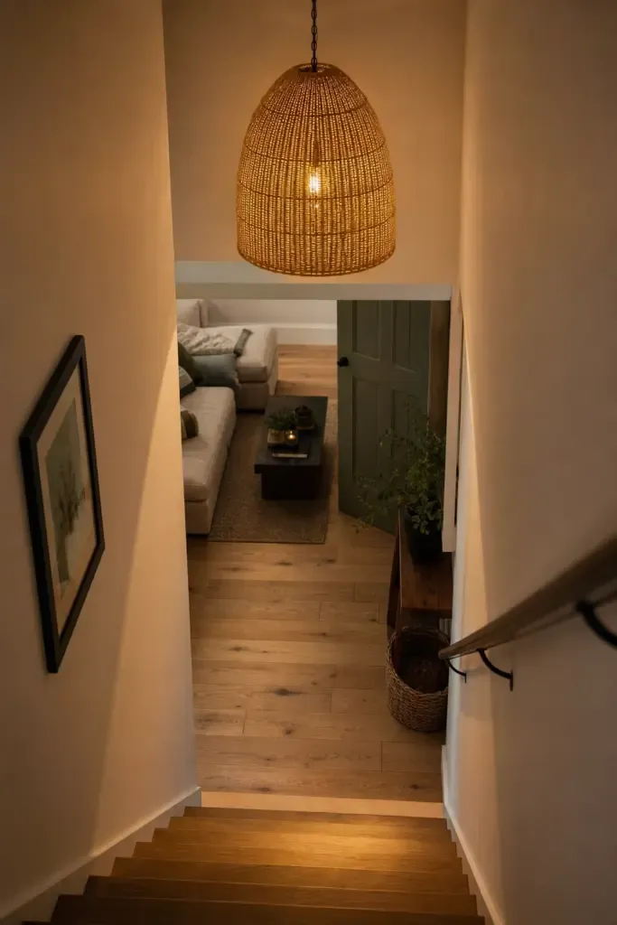 pendant or chandelier at the base of the stairs in a basement