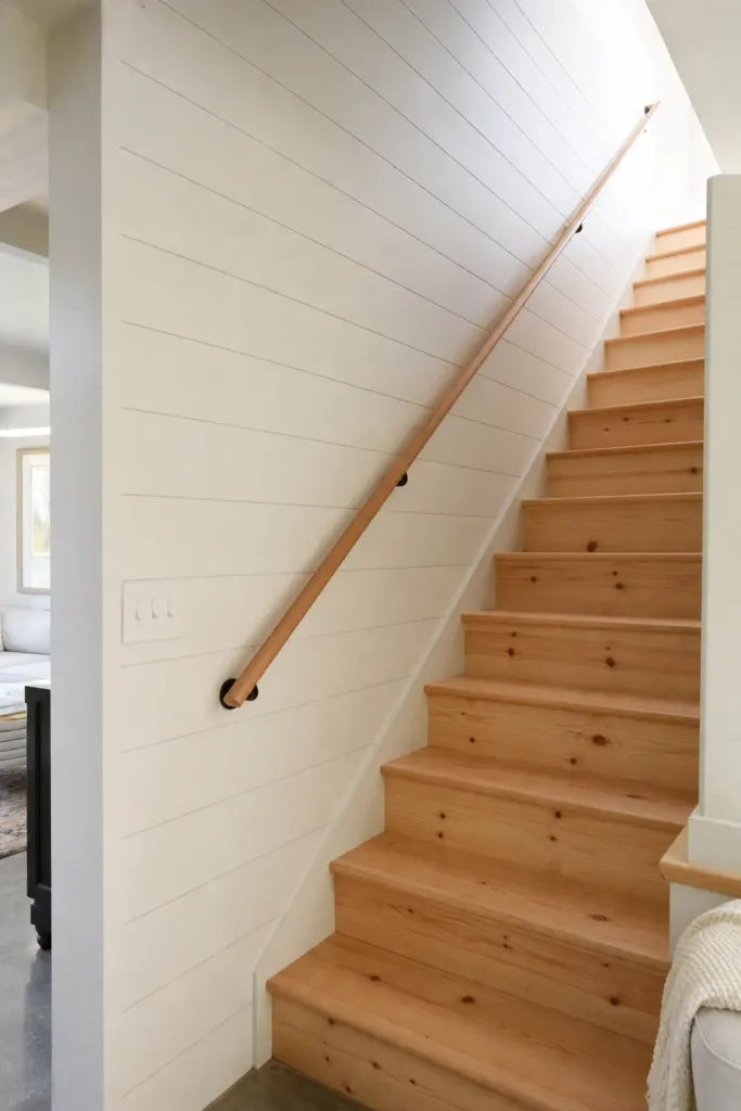 shiplap or wood paneling on the stairwell wall in a basement