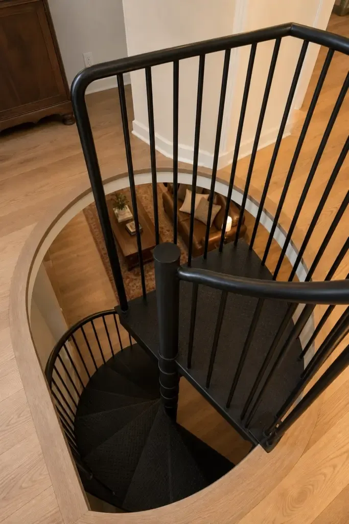 spiral staircase for tight spaces in a basement