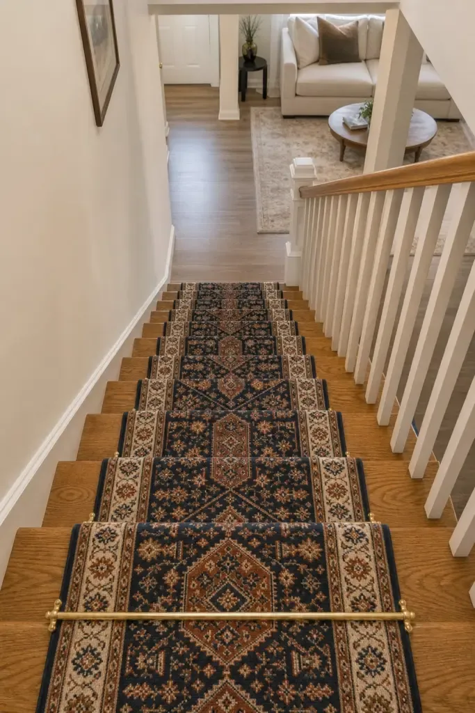 stair runner with a printed pattern in a basement