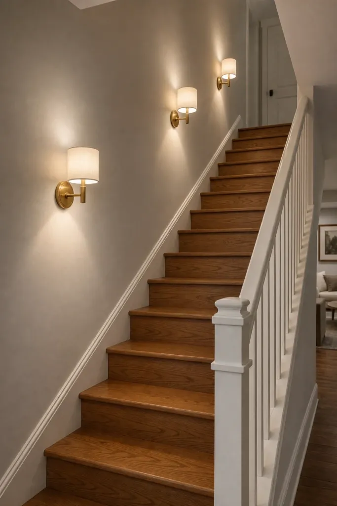 wall sconces along the stairwell in a basement