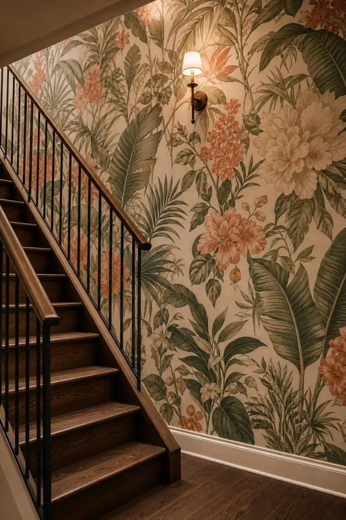wallpapered stairwell wall in a basement
