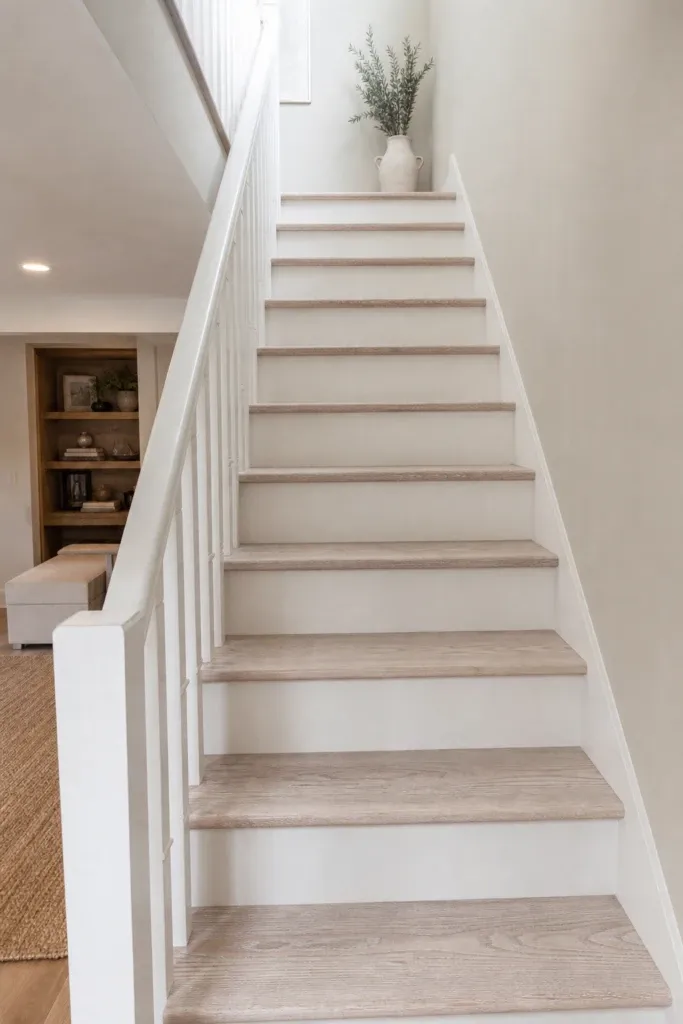 whitewashed or limed wood treads in a basement