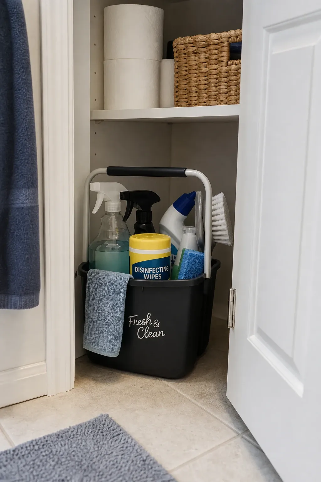 cleaning supply caddy in a bathroom