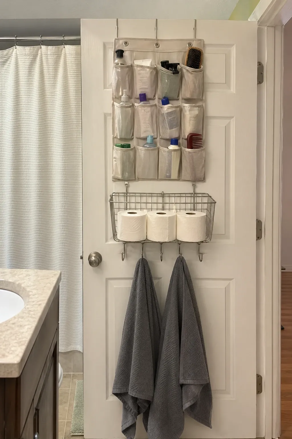 door-mounted storage in a bathroom