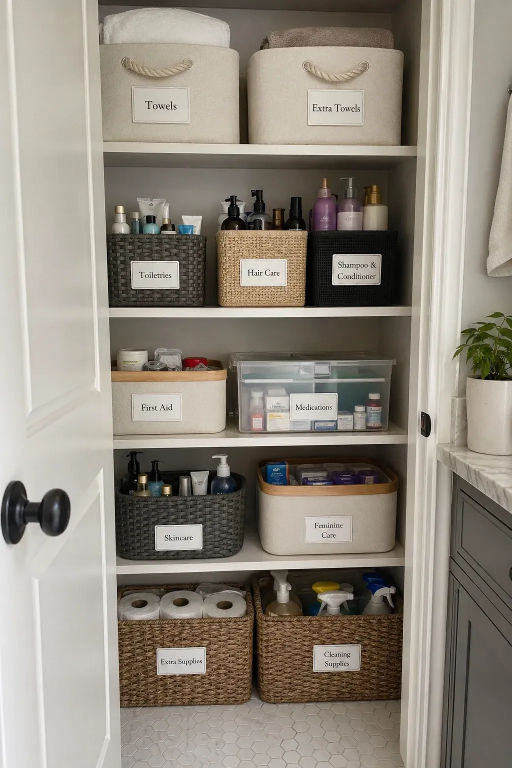 labels on everything in a bathroom