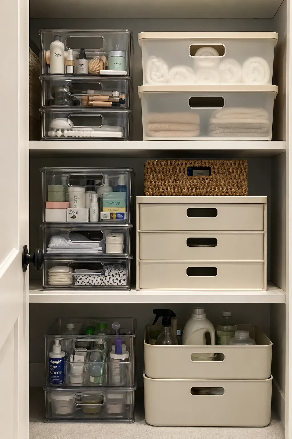 stackable bins in a bathroom