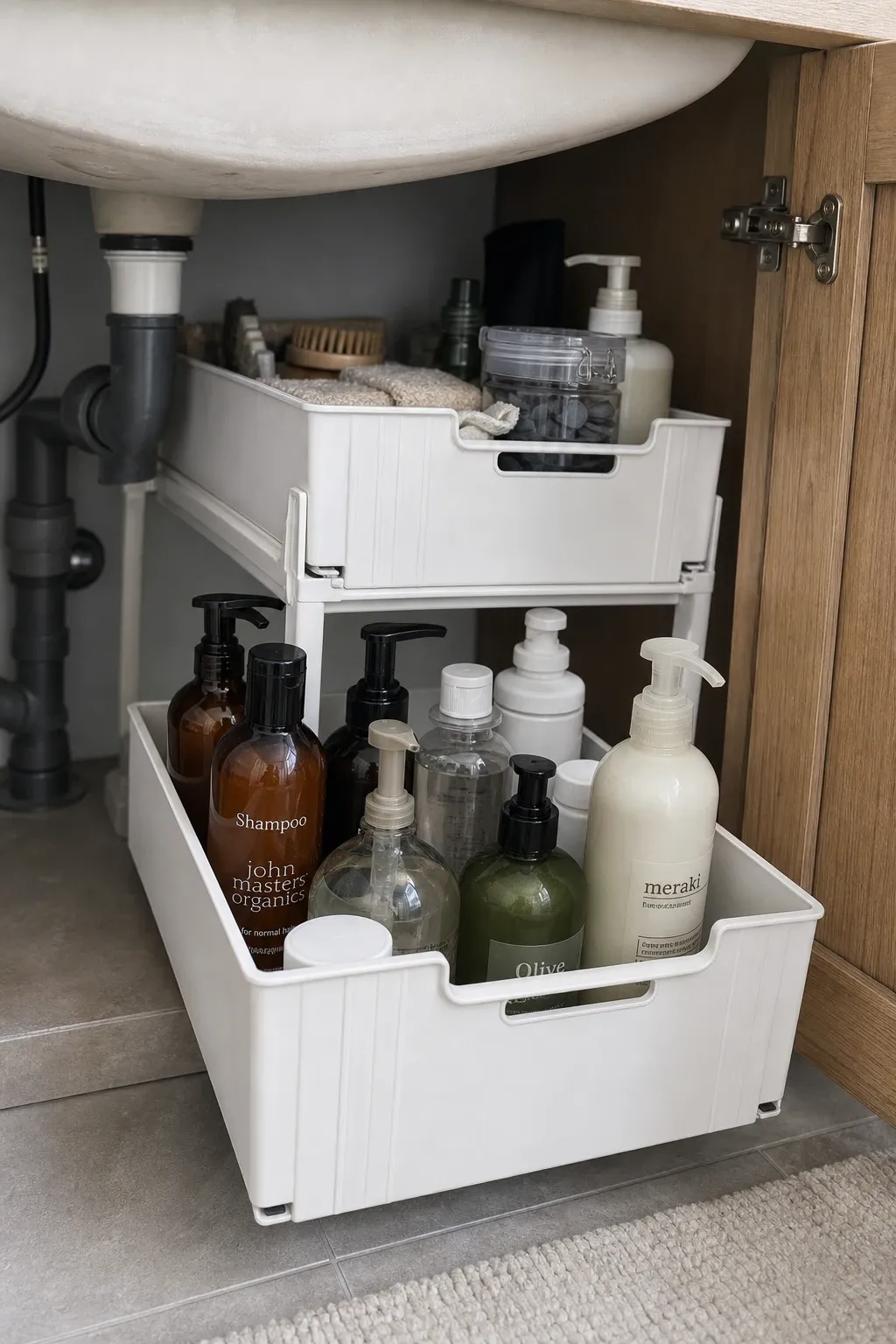 expandable under-sink shelf in a bathroom
