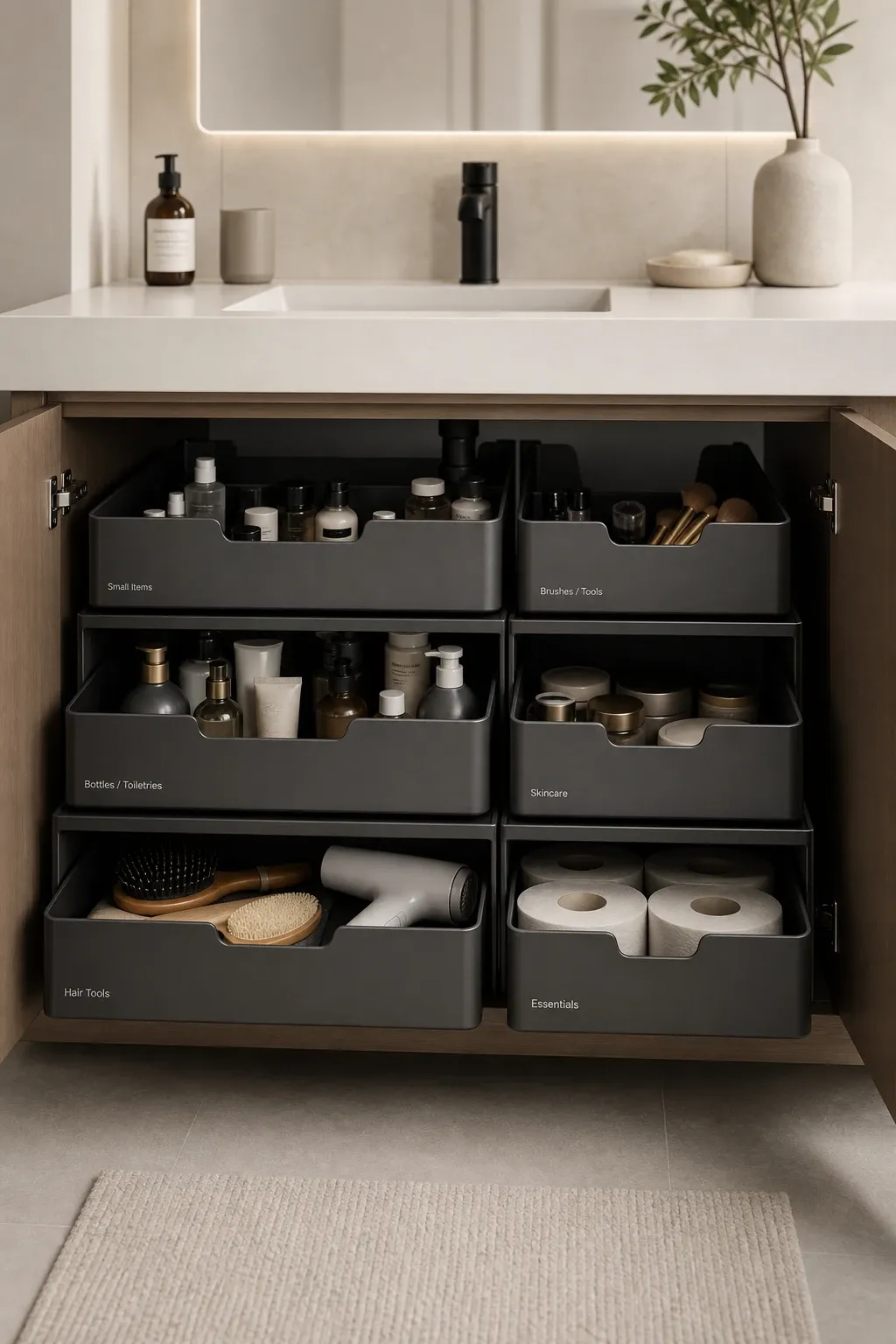 labeled clear containers in a bathroom