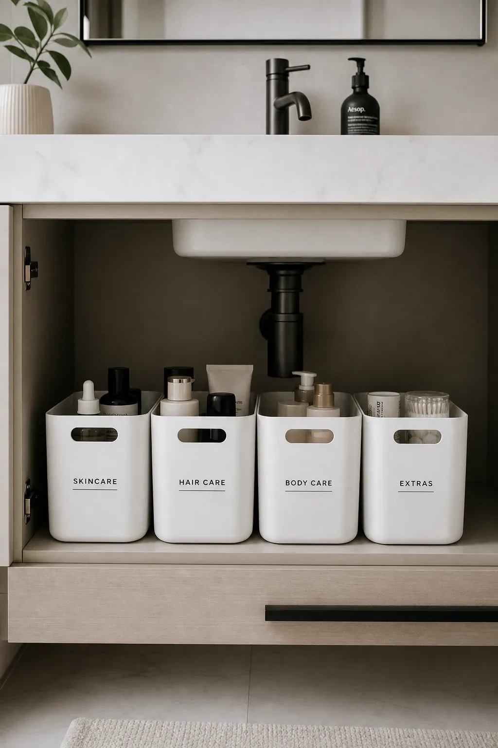 tension rod with spray bottles in a bathroom