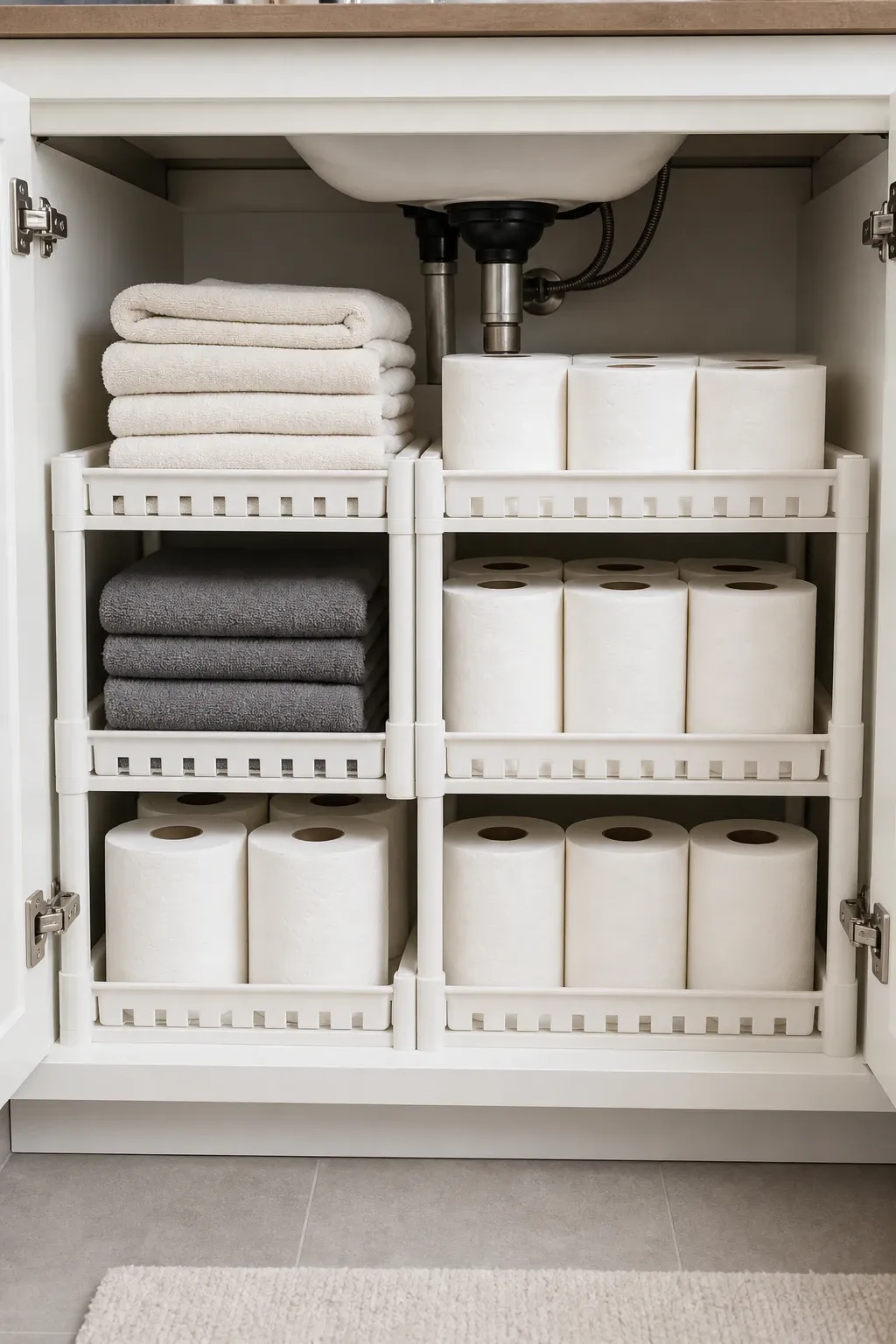 tiered shelf rack in a bathroom