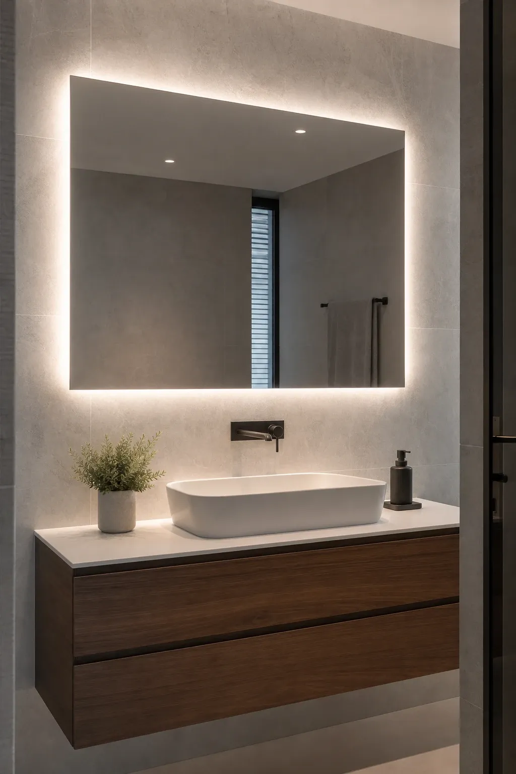 backlit floating mirror in a bathroom
