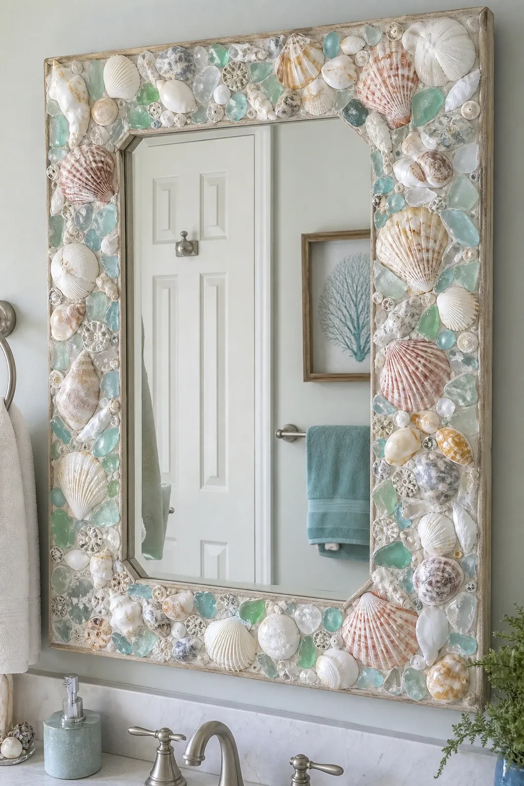 coastal seashell mosaic in a bathroom