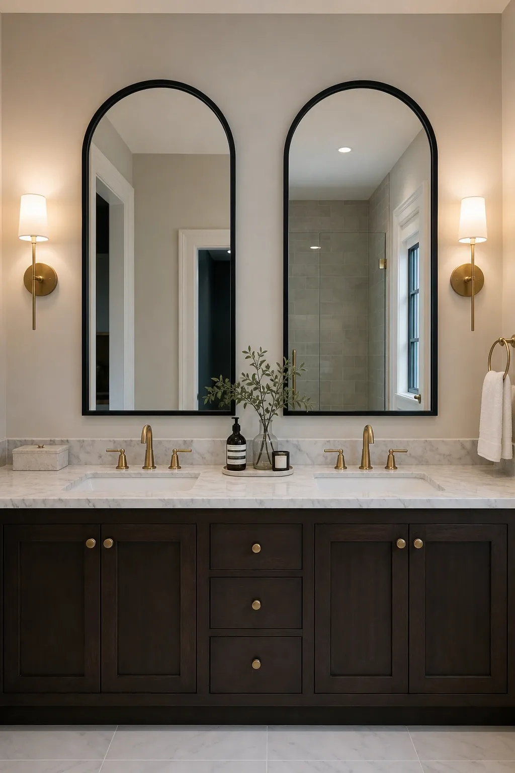 double arched mirrors in a bathroom