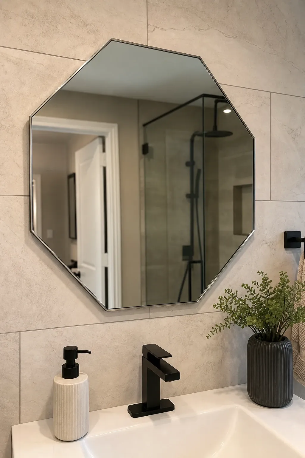 geometric octagon mirror in a bathroom