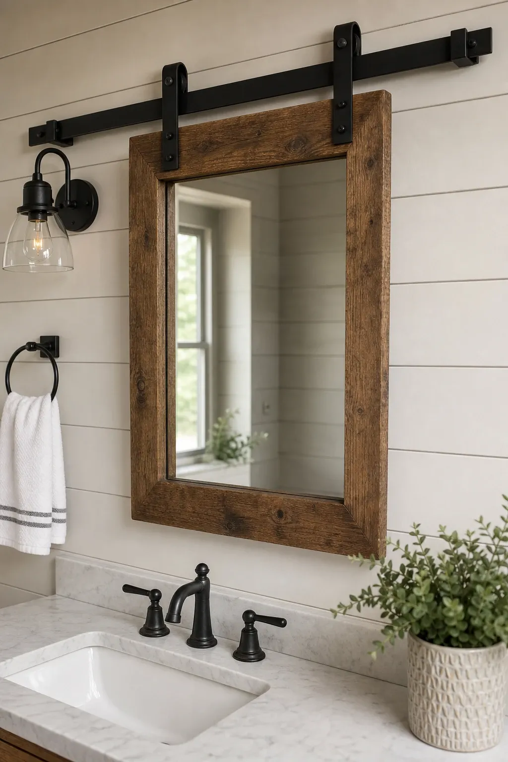 industrial barn track mirror in a bathroom