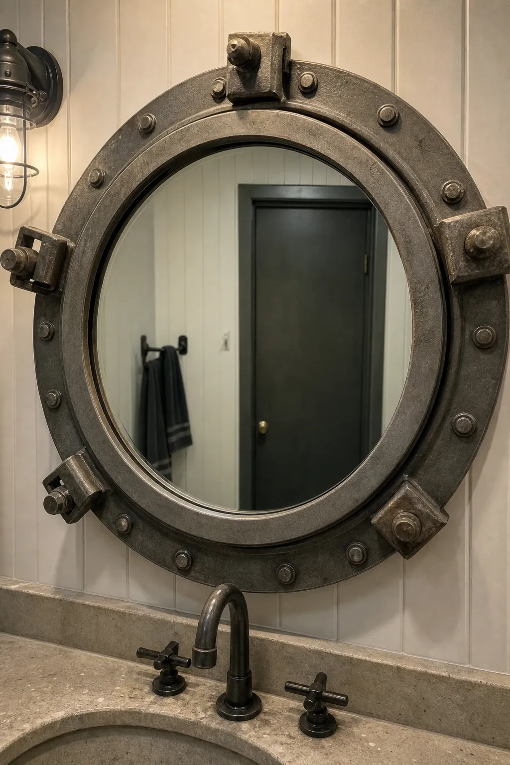 industrial porthole mirror in a bathroom