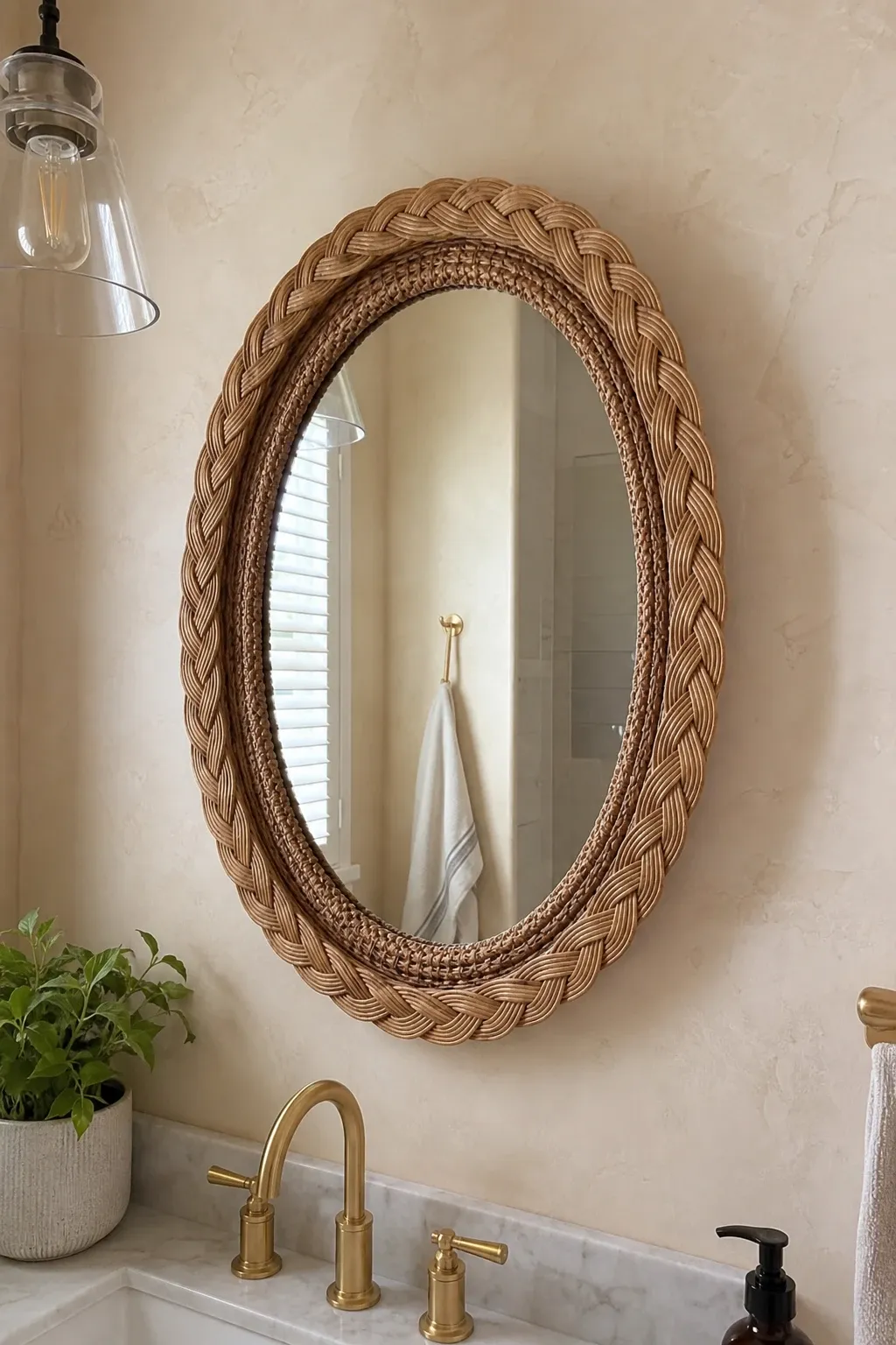rattan boho frame in a bathroom