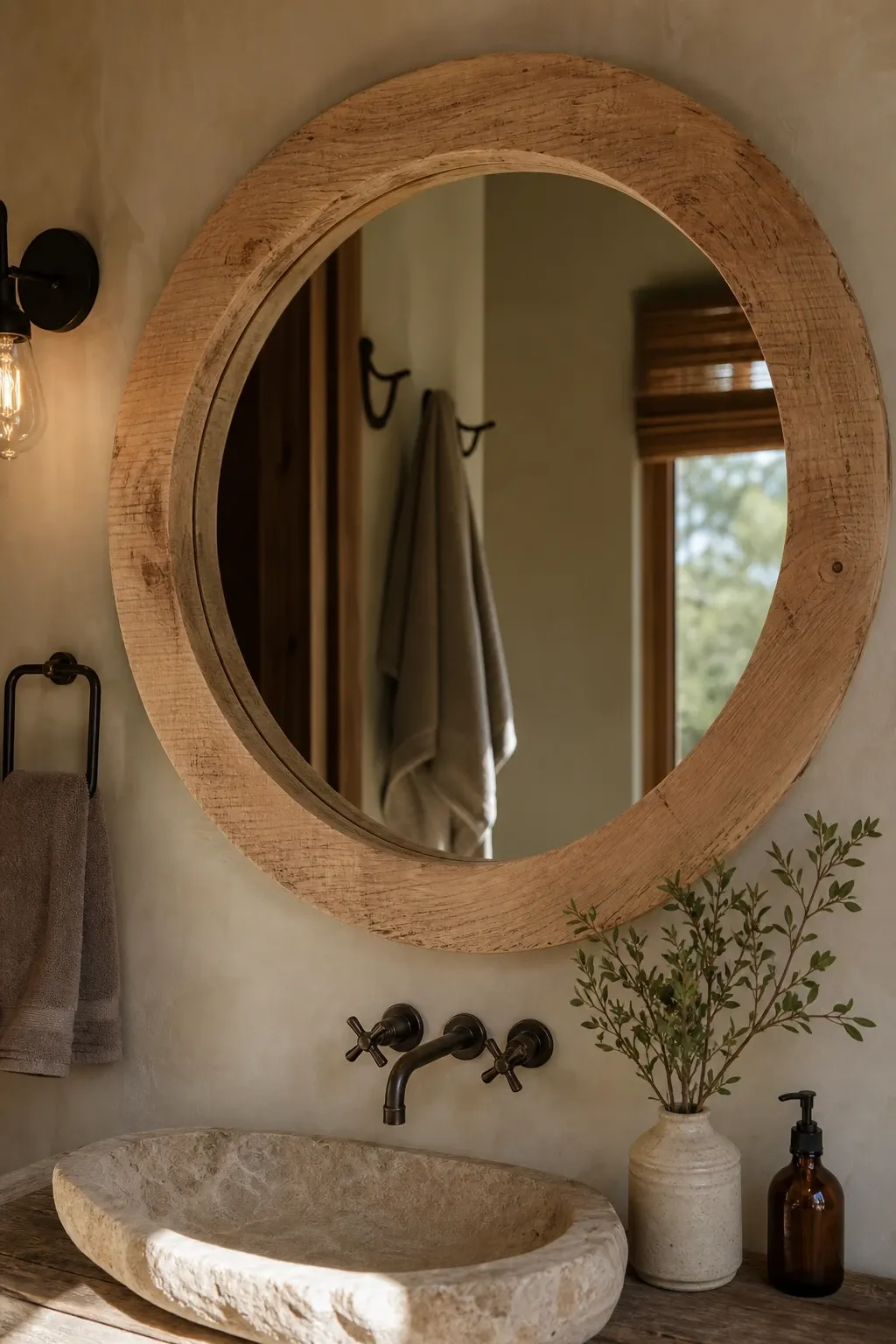 rustic raw wood round mirror in a bathroom