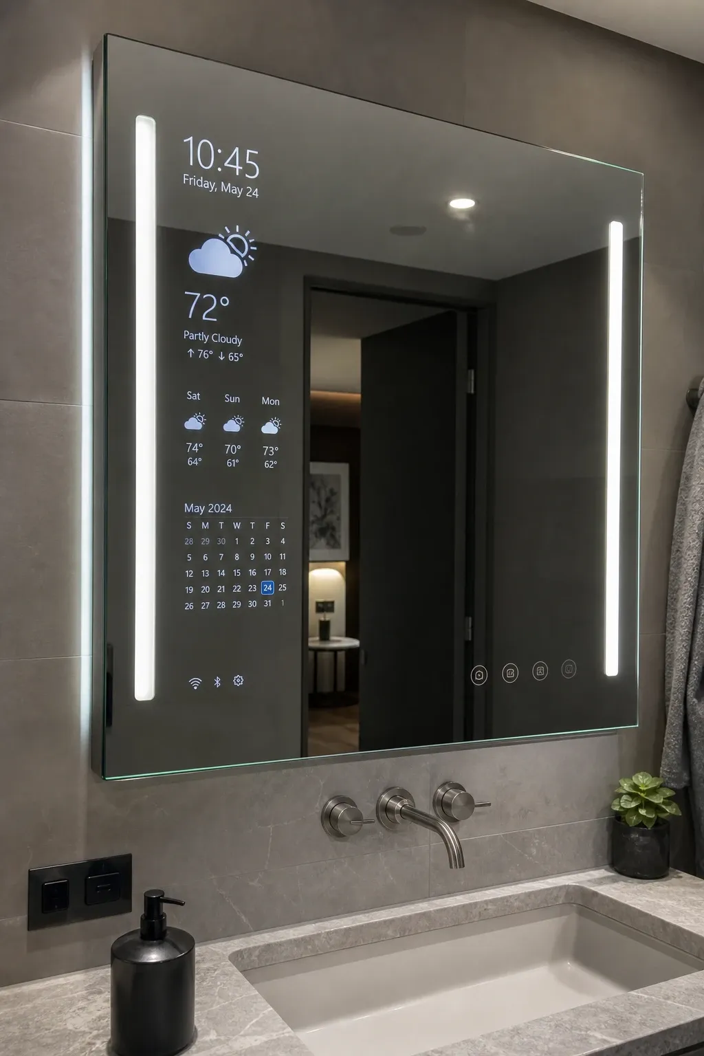 smart mirror with built-in display in a bathroom