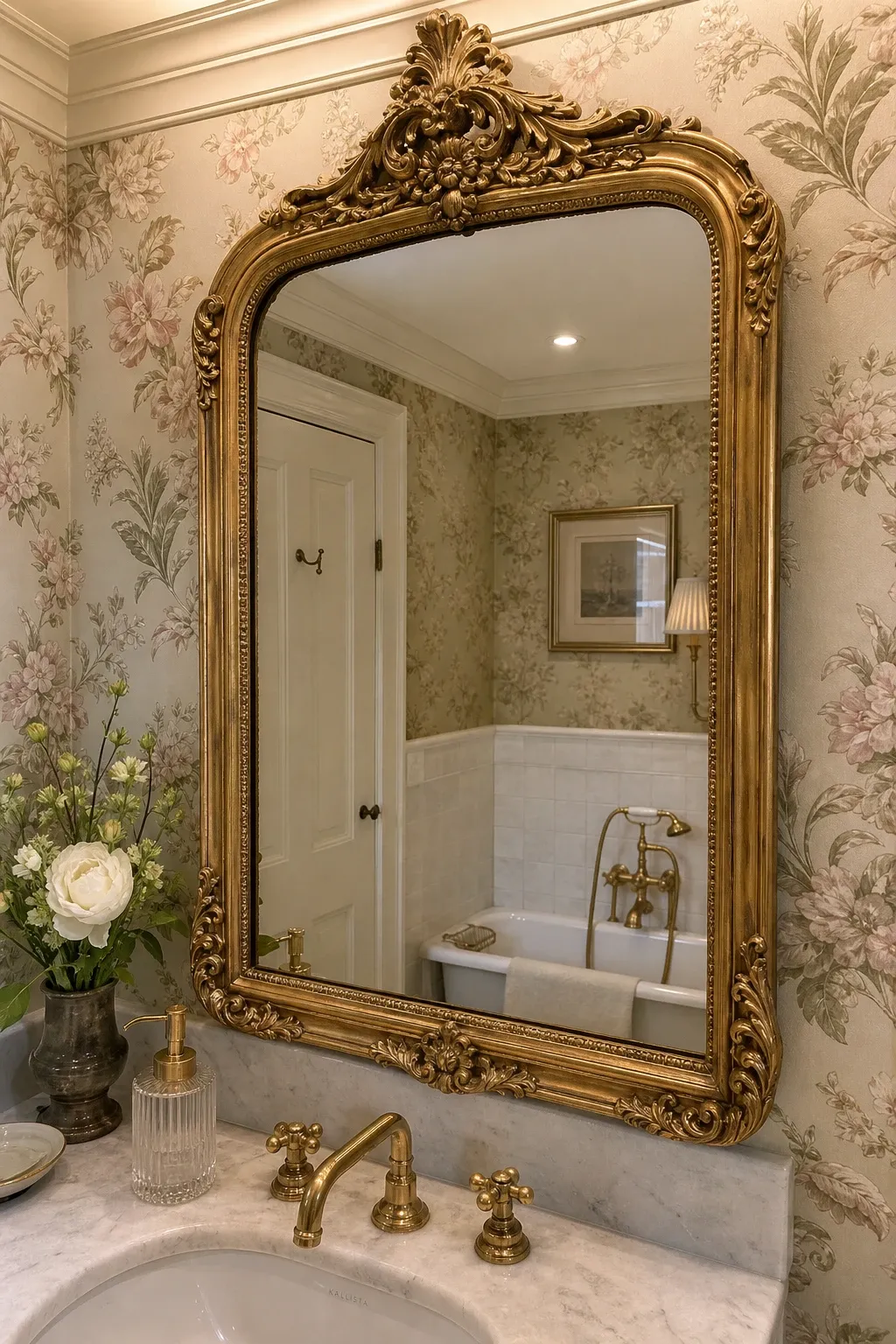 vintage gold ornate frame in a bathroom