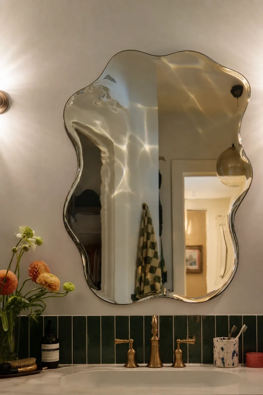 wavy edge mirror in a bathroom