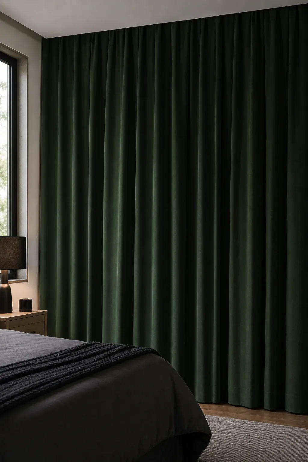 dark green blackout drapes in a bedroom