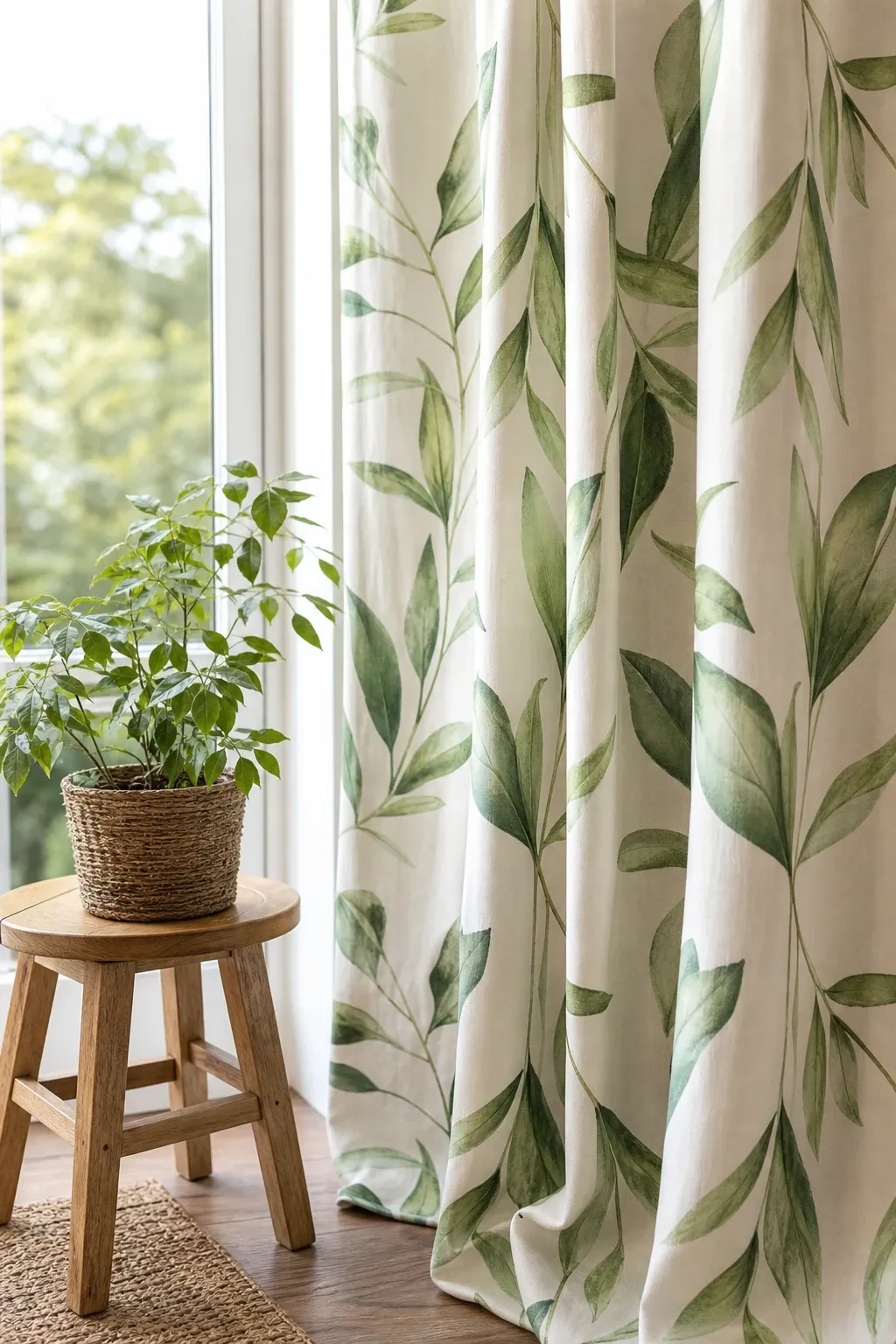 nature-inspired leaf prints in a bedroom
