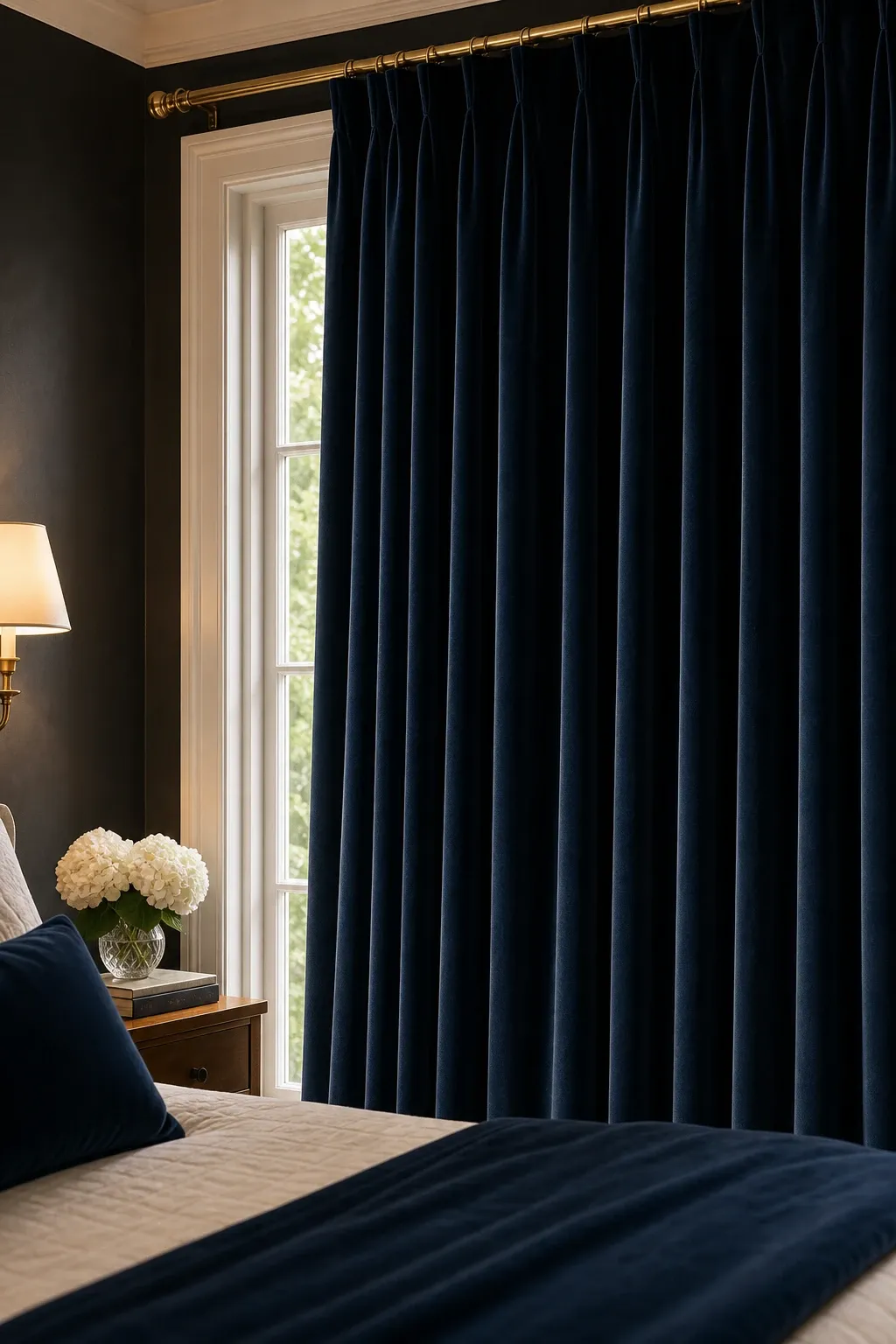 rich navy velvet in a bedroom