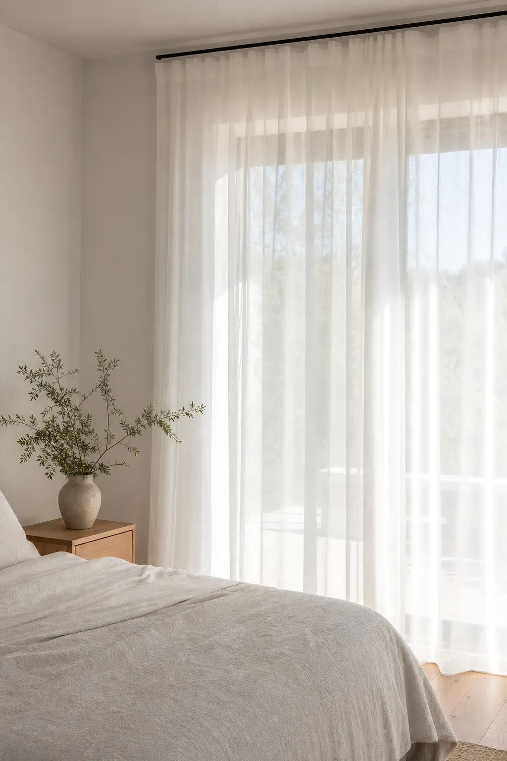 sheer white panels in a bedroom