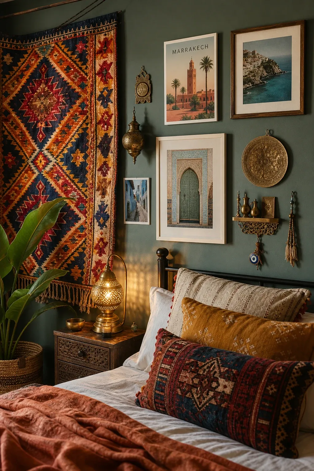 boho textile wall hanging in a bedroom