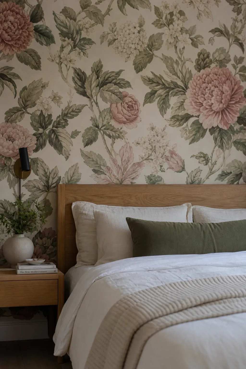 floral wallpaper accent in a bedroom