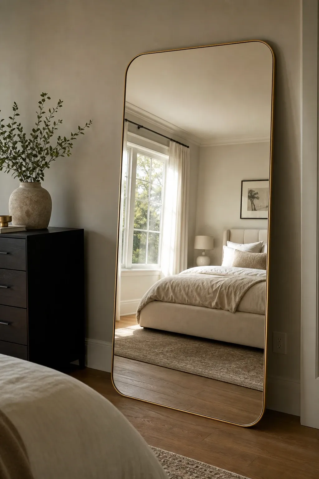 mirrored wall accents in a bedroom
