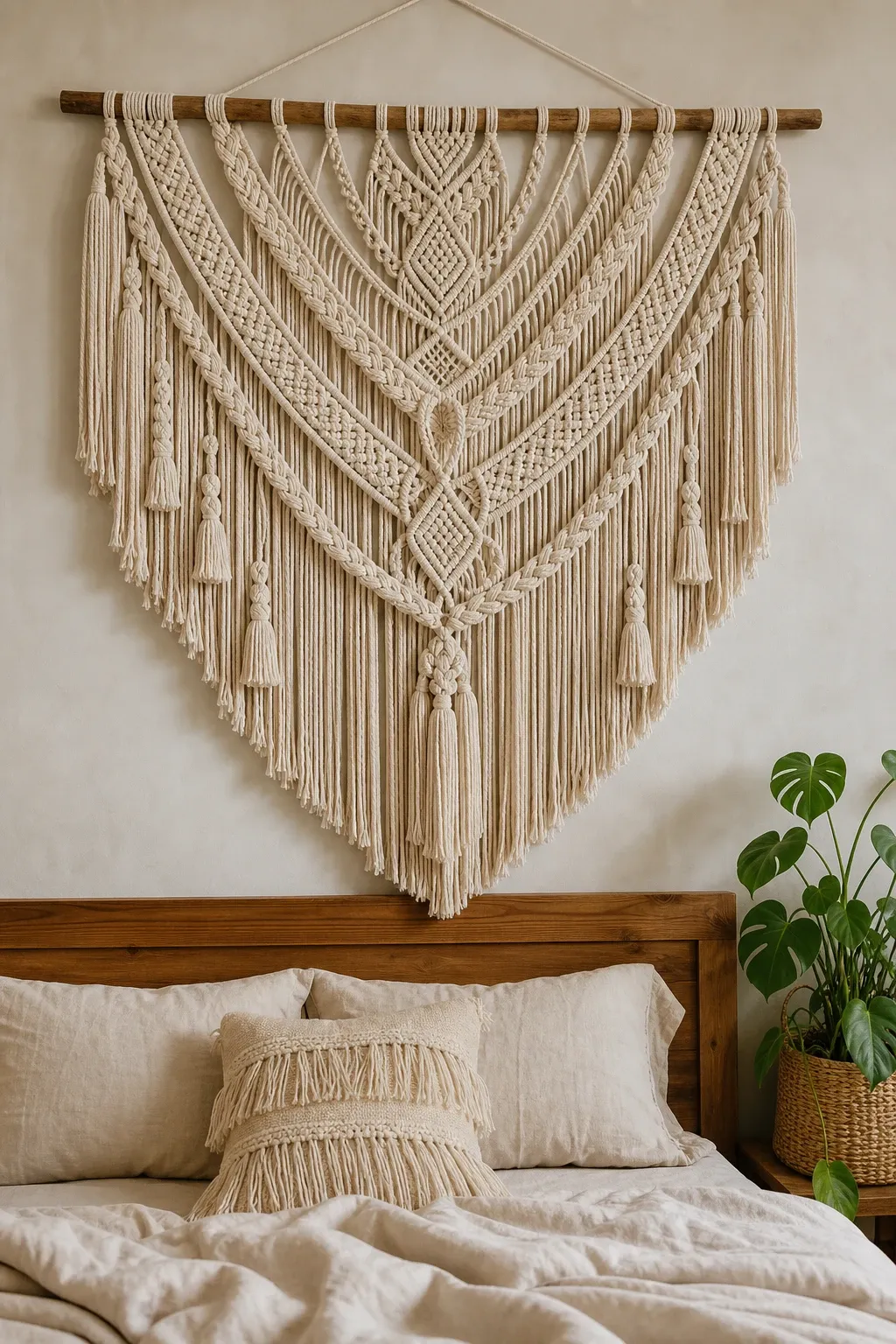 woven macrame piece in a bedroom