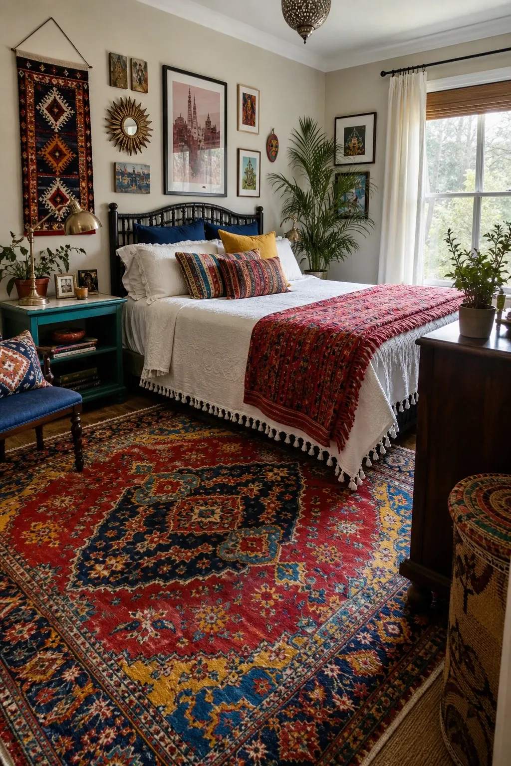 colorful moroccan rug in a bedroom