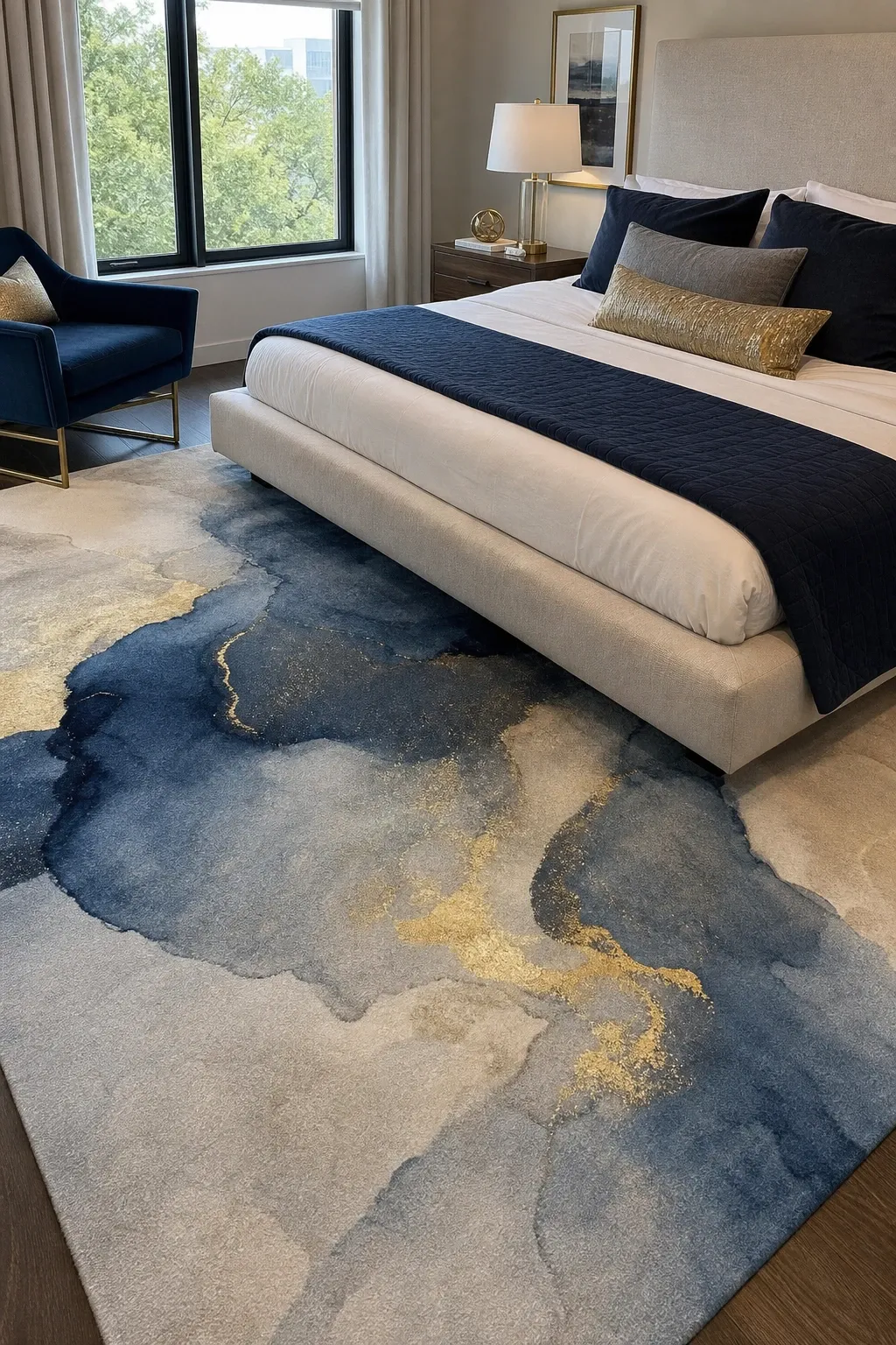 faux sheepskin by the bed in a bedroom