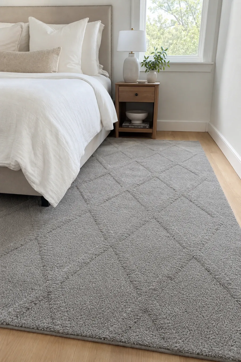 large rug under the bed in a bedroom