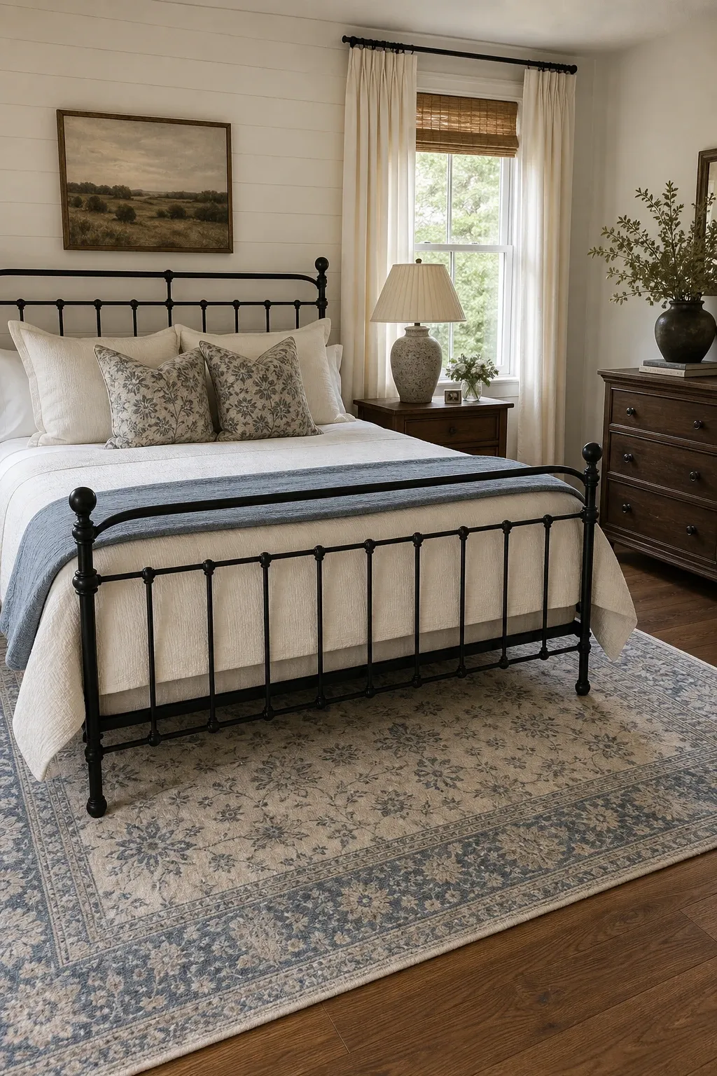 round rug at the foot of the bed in a bedroom