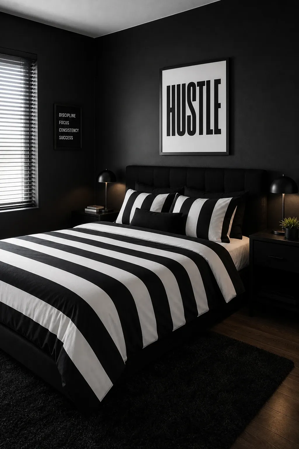 black and white striped accent in a bedroom
