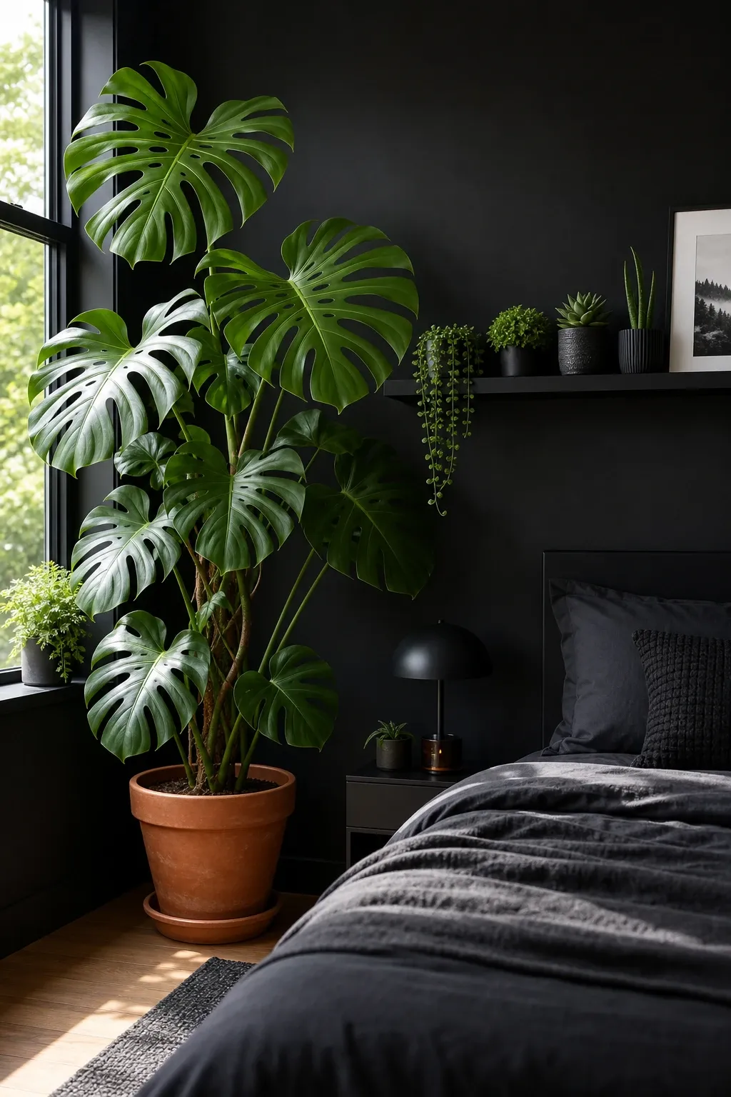 black walls with plants in a bedroom