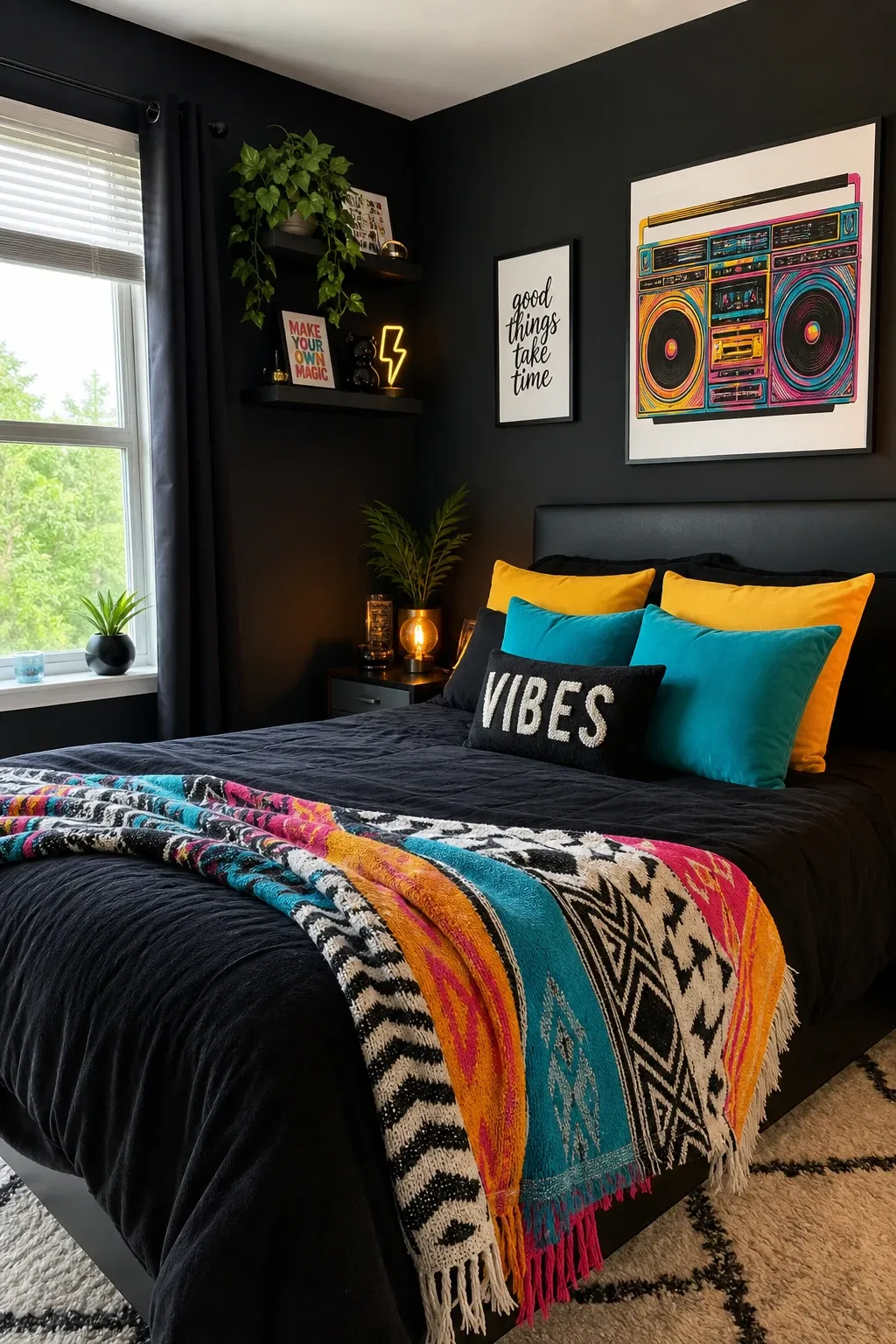 black with colorful art in a bedroom